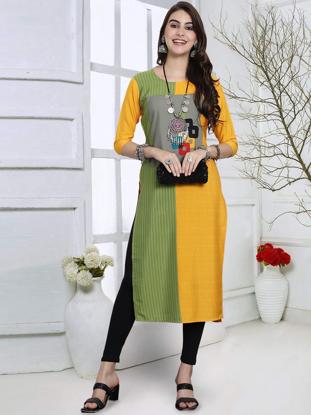 7Threads Colourblocked Round Neck Three-Quarter Sleeves Straight Kurta, Yellow
7Threads Colourblocked Round Neck Three-Quarter Sleeves Straight Kurta, Yellow