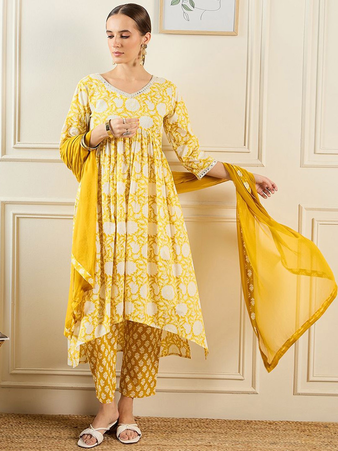 Indo Era Floral Printed A-Line Mirror Work Pure Cotton Kurta with Trousers & Dupatta, Yellow
Indo Era Floral Printed A-Line Mirror Work Pure Cotton Kurta with Trousers & Dupatta, Yellow