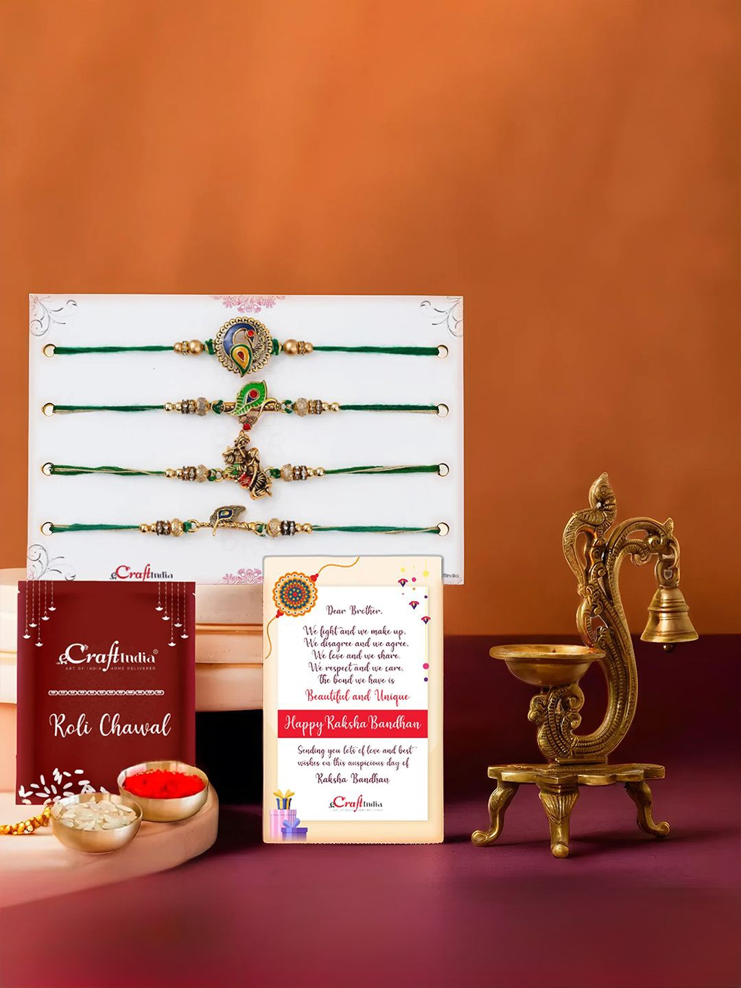 eCraftIndia Set of 5 Designer Rakhis With Parrot Showpiece Diya With Roli Chawal, Green
eCraftIndia Set of 5 Designer Rakhis With Parrot Showpiece Diya With Roli Chawal, Green