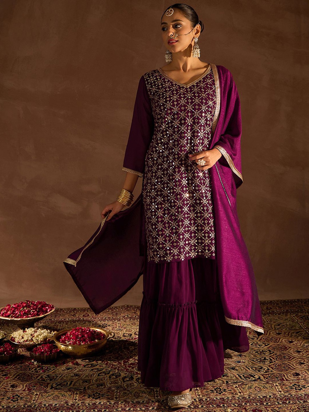 Indo Era Geometric Embroidered V-Neck Sequinned Straight Kurta With Sharara & Dupatta, Burgundy
Indo Era Geometric Embroidered V-Neck Sequinned Straight Kurta With Sharara & Dupatta, Burgundy