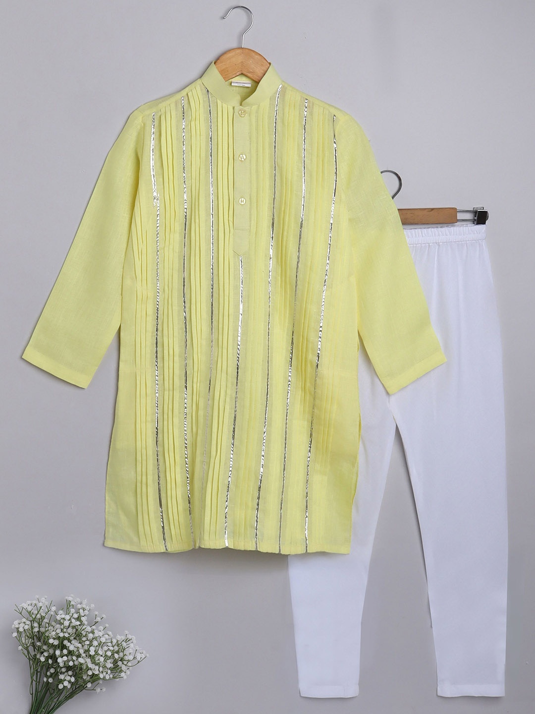 Little Clothings Boys Mandarin Collar Pleated Gotta Patti Linen Kurta With Churidar, Yellow
Little Clothings Boys Mandarin Collar Pleated Gotta Patti Linen Kurta With Churidar, Yellow