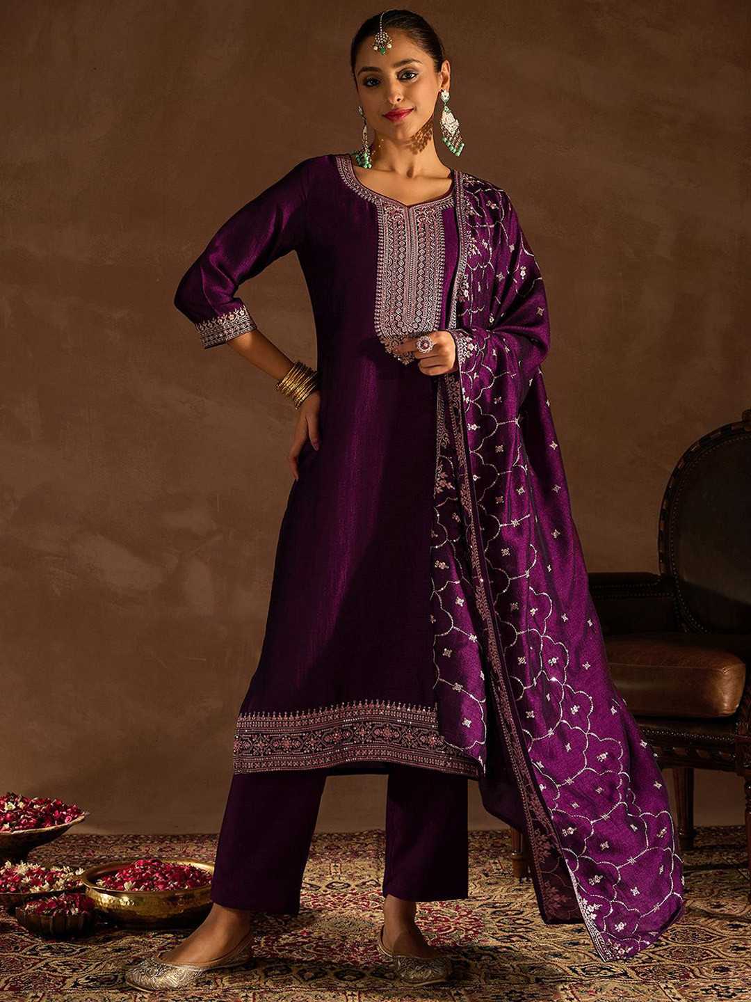 Indo Era Ethnic Motifs Embroidered Thread Work Straight Kurta With Trousers & Dupatta, Purple 
Indo Era Ethnic Motifs Embroidered Thread Work Straight Kurta With Trousers & Dupatta, Purple