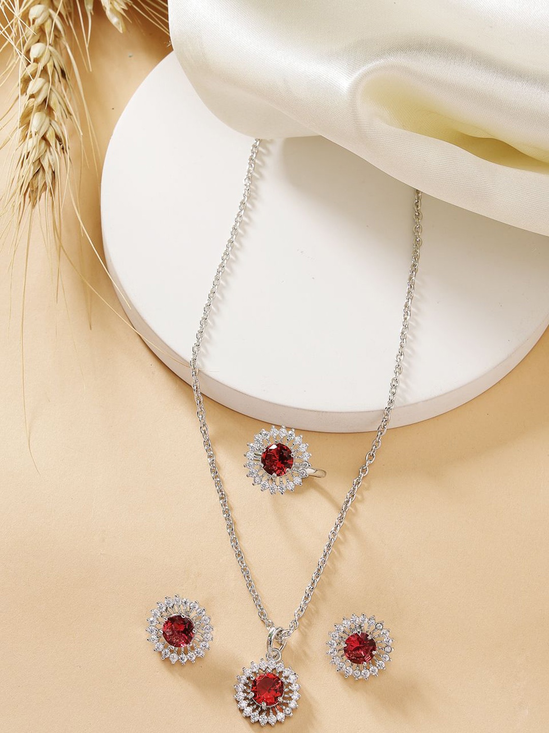 ZENEME Rhodium Plated AD Studded Crystal Round Necklace and Earrings With Ring, Silver
ZENEME Rhodium Plated AD Studded Crystal Round Necklace and Earrings With Ring, Silver