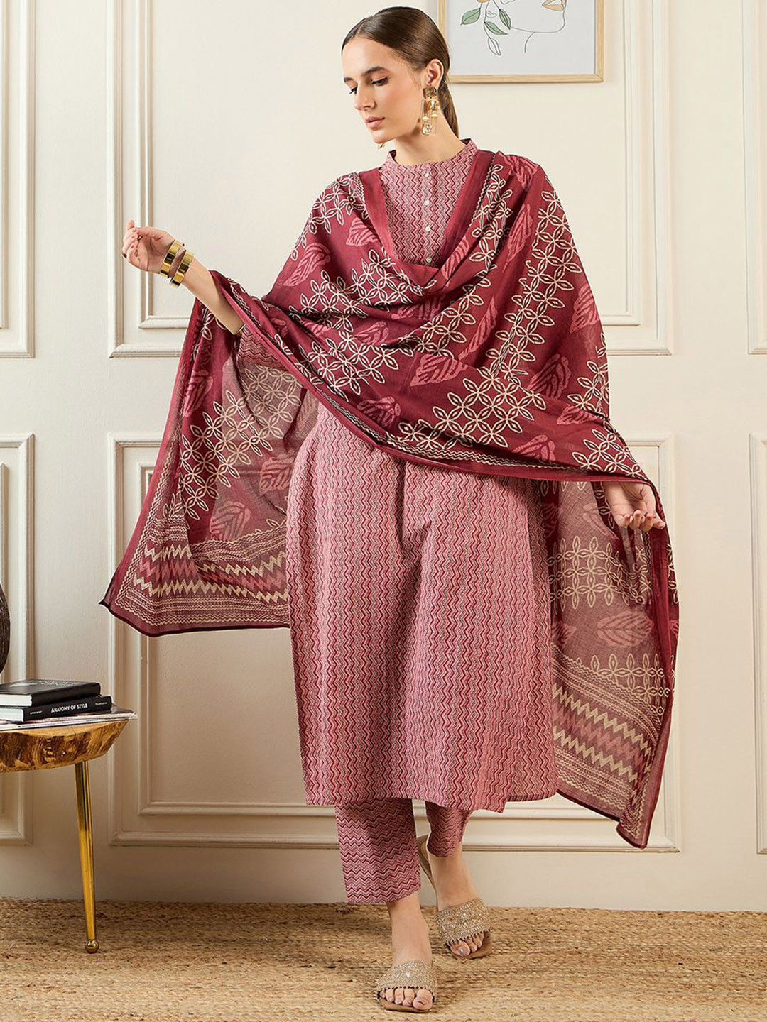 Indo Era Zig Zag Printed Band Collar Pure Cotton Straight Kurta With Trousers & Dupatta, Pink
Indo Era Zig Zag Printed Band Collar Pure Cotton Straight Kurta With Trousers & Dupatta, Pink
