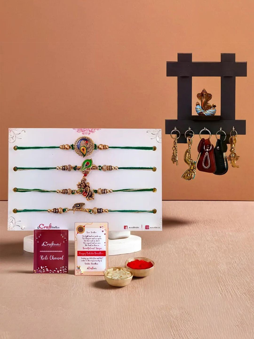 eCraftIndia Set of 5 Thread Rakhi & Ganesha Idol Key Holder With Roli Chawal, Gold
eCraftIndia Set of 5 Thread Rakhi & Ganesha Idol Key Holder With Roli Chawal, Gold