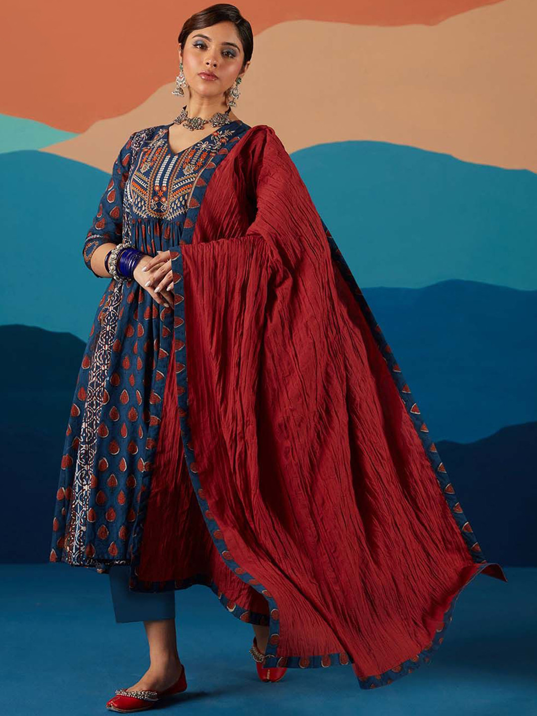 Likha Ethnic Motifs Printed Pure Cotton Anarkali Kurta with Trousers & Dupatta, Blue
Likha Ethnic Motifs Printed Pure Cotton Anarkali Kurta with Trousers & Dupatta, Blue