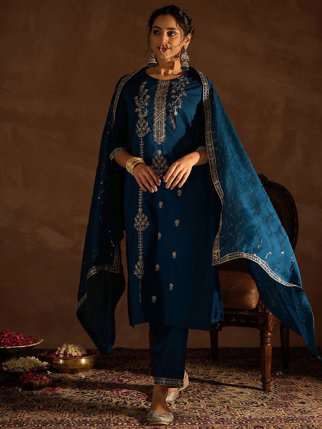 Indo Era Ethnic Motifs Embroidered Thread Work Straight Kurta With Trousers & Dupatta, Teal
Indo Era Ethnic Motifs Embroidered Thread Work Straight Kurta With Trousers & Dupatta, Teal