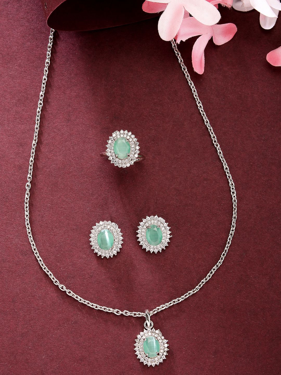 ZENEME Rhodium Plated American Diamond Studded Oval Necklace and Earrings With Ring, Silver
ZENEME Rhodium Plated American Diamond Studded Oval Necklace and Earrings With Ring, Silver