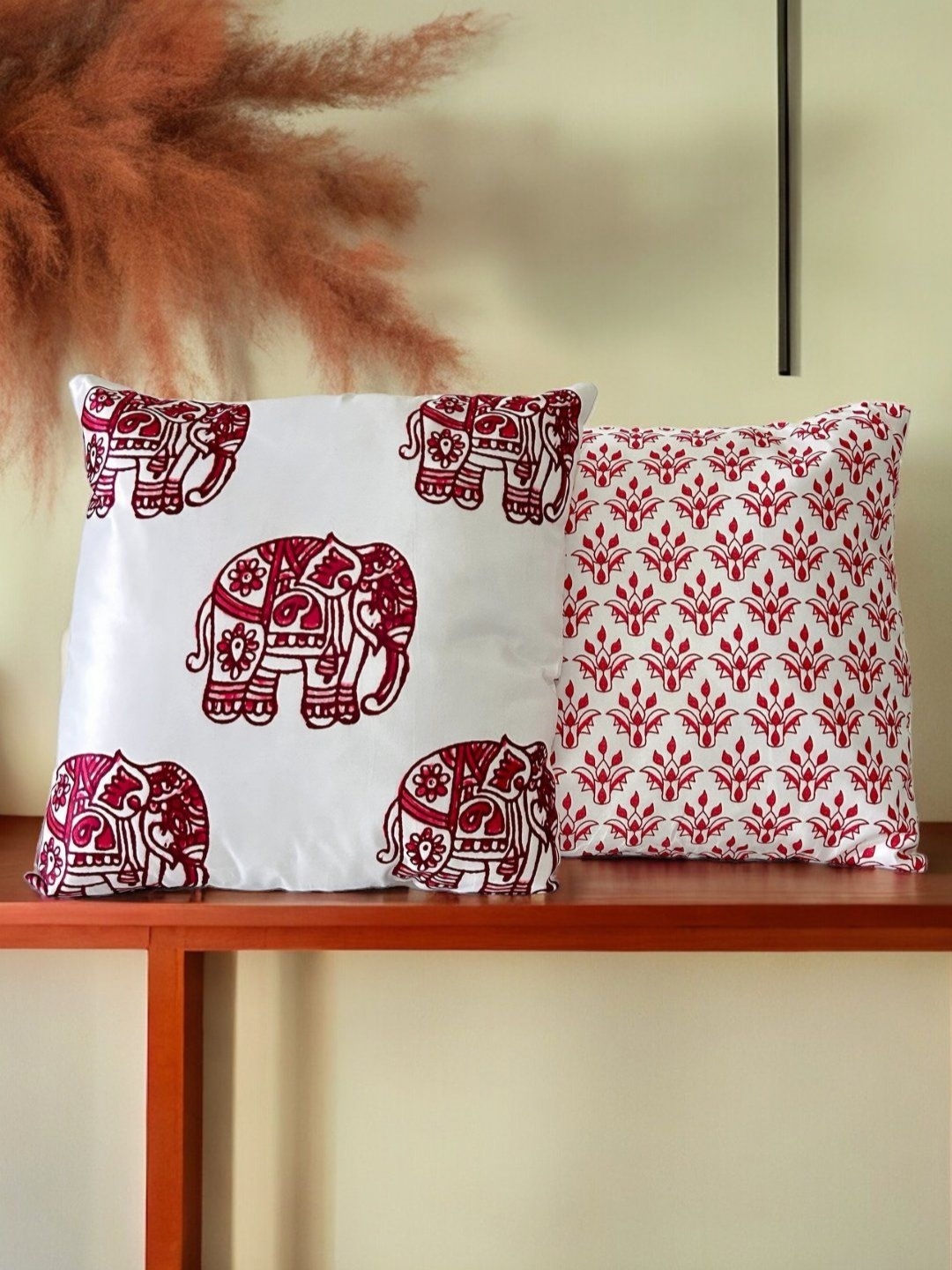 PLAYFUL STITCHES White & Maroon Set of 2 Ethnic Motifs Satin Square Cushion Covers
PLAYFUL STITCHES White & Maroon Set of 2 Ethnic Motifs Satin Square Cushion Covers