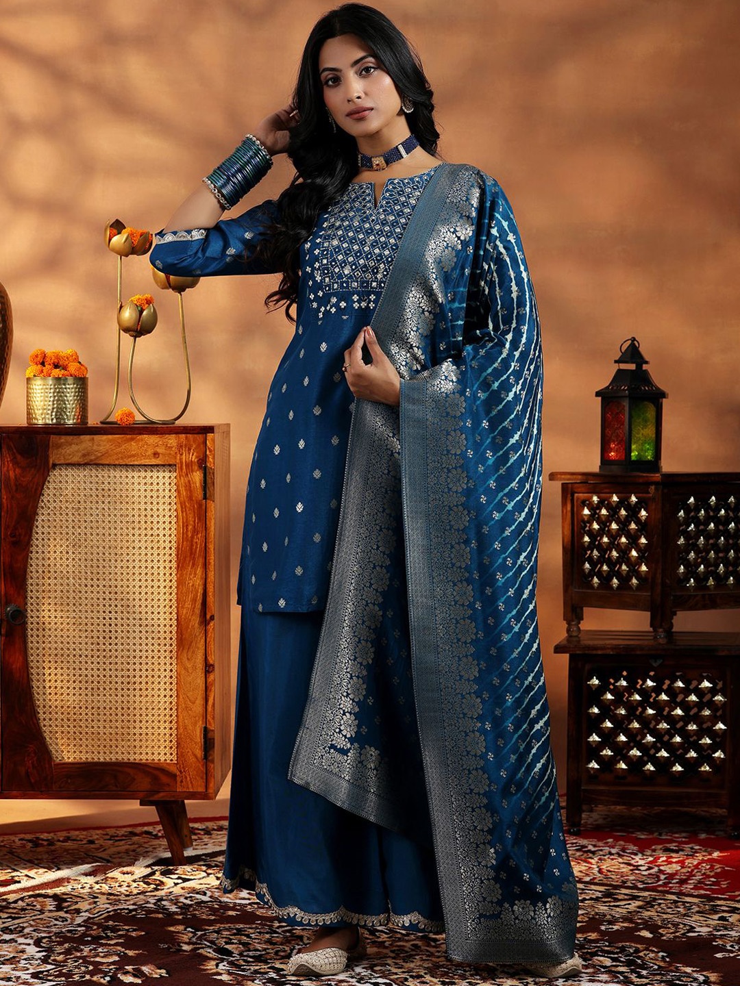 Libas Ethnic Motifs Woven Design Mirror Work Straight Kurta With Palazzos & Dupatta, Blue
Libas Ethnic Motifs Woven Design Mirror Work Straight Kurta With Palazzos & Dupatta, Blue