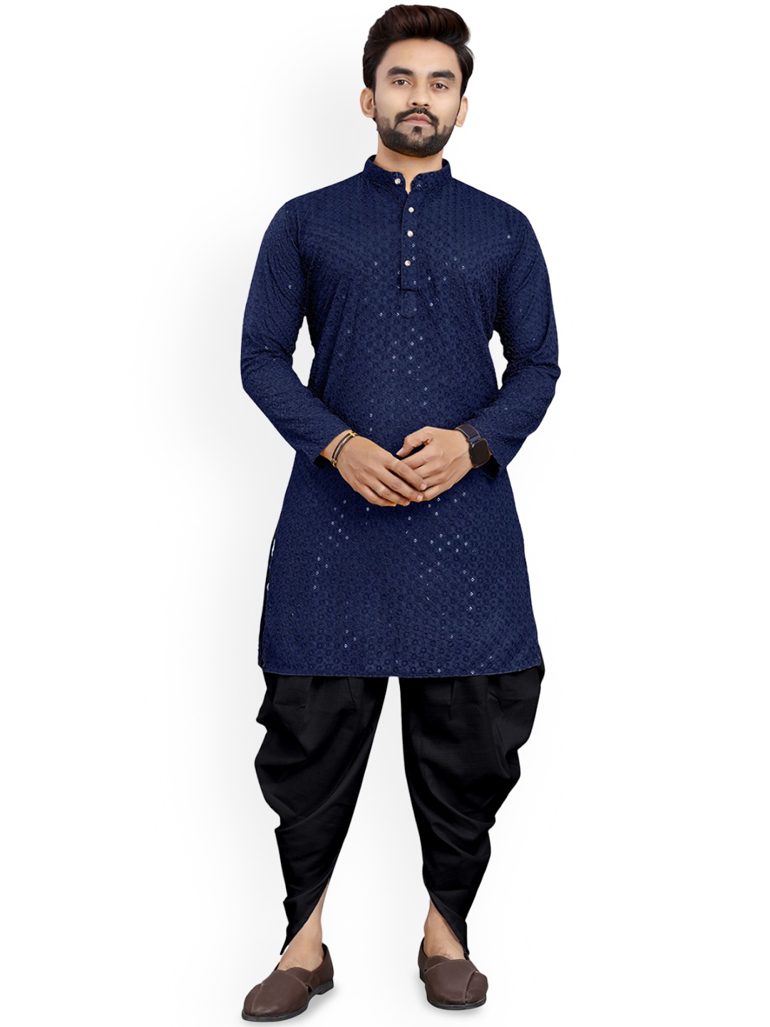 trustous Floral Embroidered Sequinned Mandarin Collar Straight Kurta with Dhoti Pants, Navy blue
trustous Floral Embroidered Sequinned Mandarin Collar Straight Kurta with Dhoti Pants, Navy blue