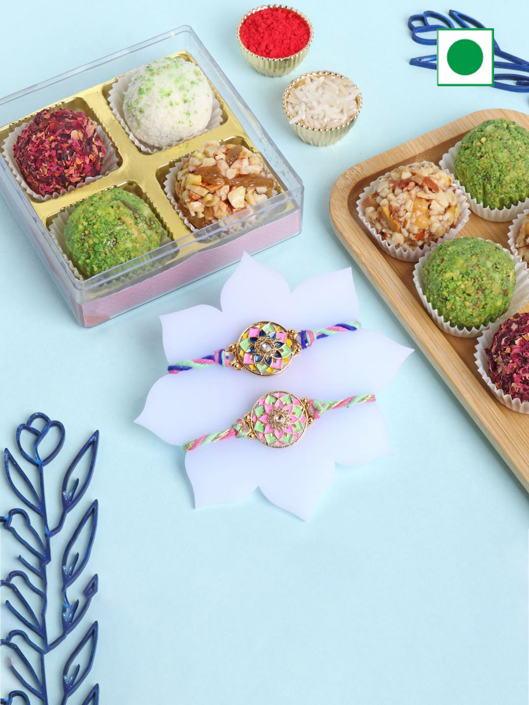 Floweraura Set Of 2 Rakhi With Pack Of 4 800 gm Assorted Mix Dryfruit Fusion Laddoo, Green
Floweraura Set Of 2 Rakhi With Pack Of 4 800 gm Assorted Mix Dryfruit Fusion Laddoo, Green