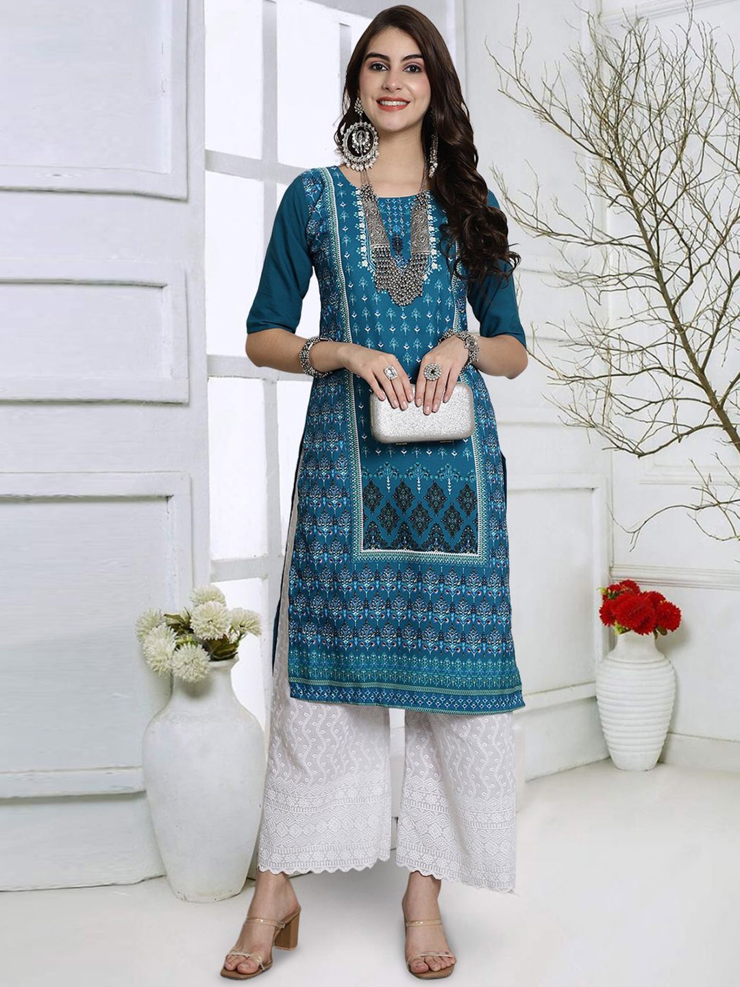 7Threads Ethnic Motifs Printed Round Neck Three-Quarter Sleeve Straight Kurta, Blue
7Threads Ethnic Motifs Printed Round Neck Three-Quarter Sleeve Straight Kurta, Blue