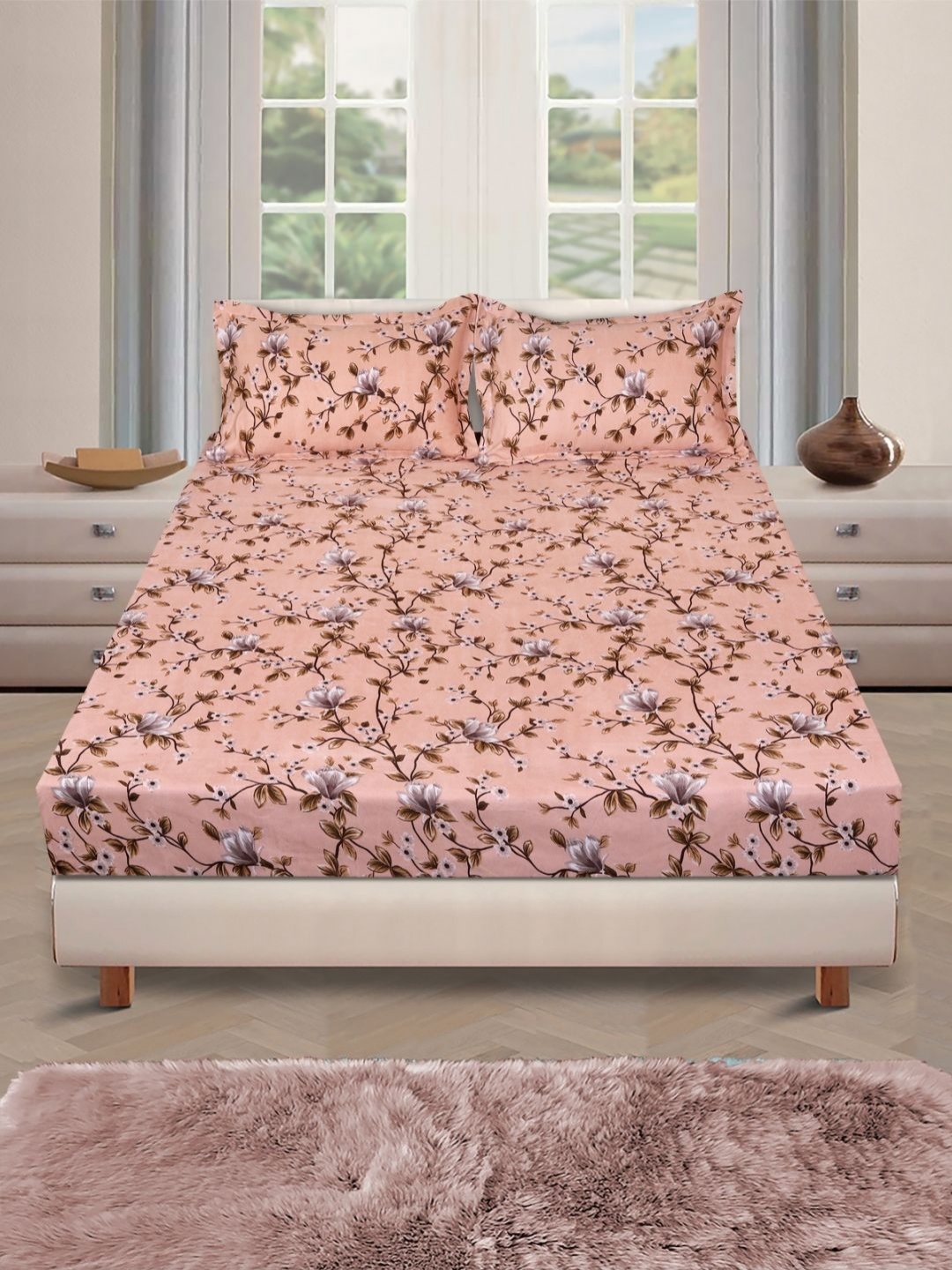 Myntra Elegant Homes Peach Floral Microfiber 160 TC Queen Bedsheet with 2 Pillow Covers
Myntra Elegant Homes Peach Floral Microfiber 160 TC Queen Bedsheet with 2 Pillow Covers