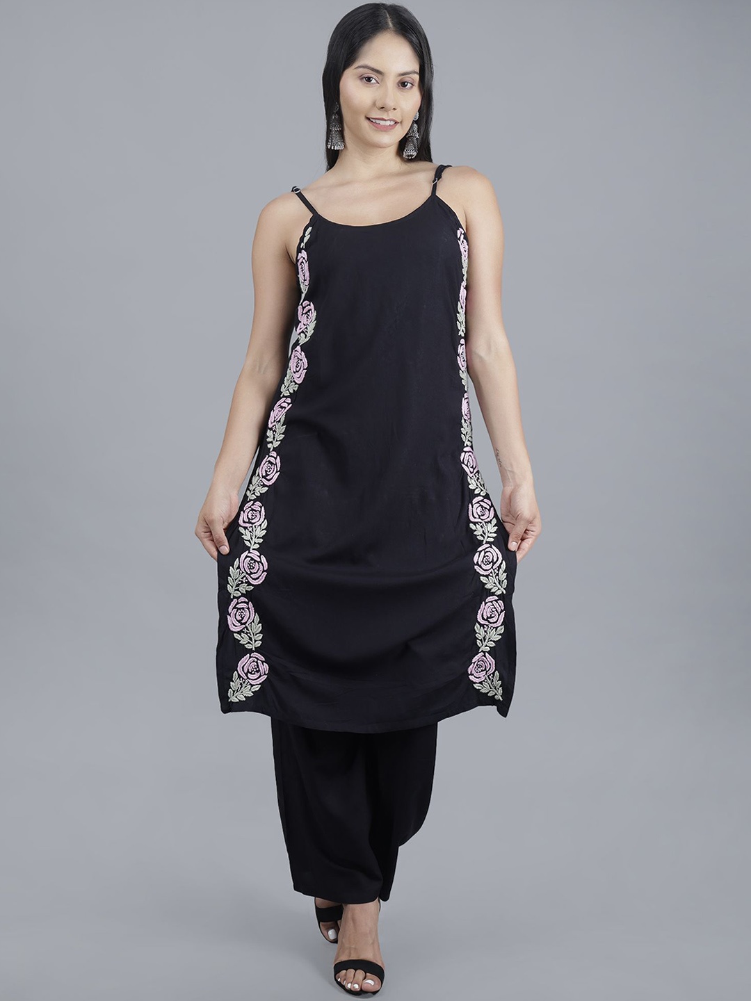 Rosecloud Floral Embroidered Thread Work Pure Cotton Straight Kurta with Trousers, Black
Rosecloud Floral Embroidered Thread Work Pure Cotton Straight Kurta with Trousers, Black
