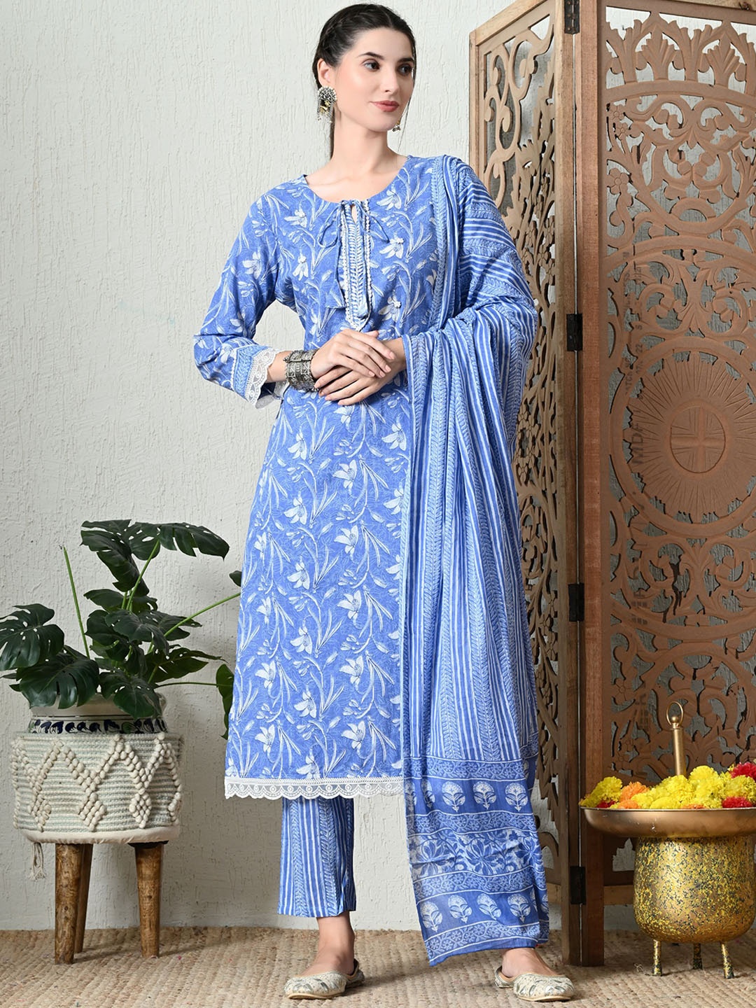 KALINI Floral Printed Sequinned Pure Cotton Straight Kurta With Trousers & Dupatta, Blue
KALINI Floral Printed Sequinned Pure Cotton Straight Kurta With Trousers & Dupatta, Blue