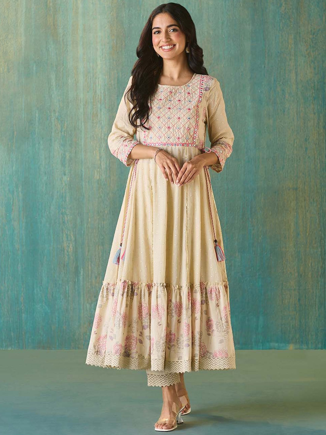 Likha Schiffli Embroidered Mirror Work Pure Cotton Anarkali Kurta with Trousers & Dupatta, Off white
Likha Schiffli Embroidered Mirror Work Pure Cotton Anarkali Kurta with Trousers & Dupatta, Off white