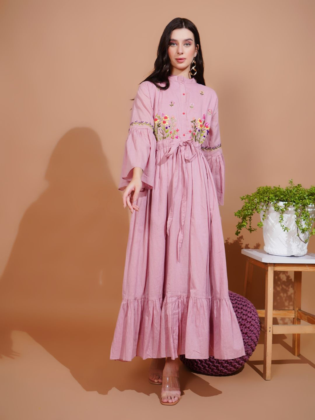 Boholyfe Floral Embroidered Cotton Bell Sleeve Maxi Dress, Pink 
Boholyfe Floral Embroidered Cotton Bell Sleeve Maxi Dress, Pink