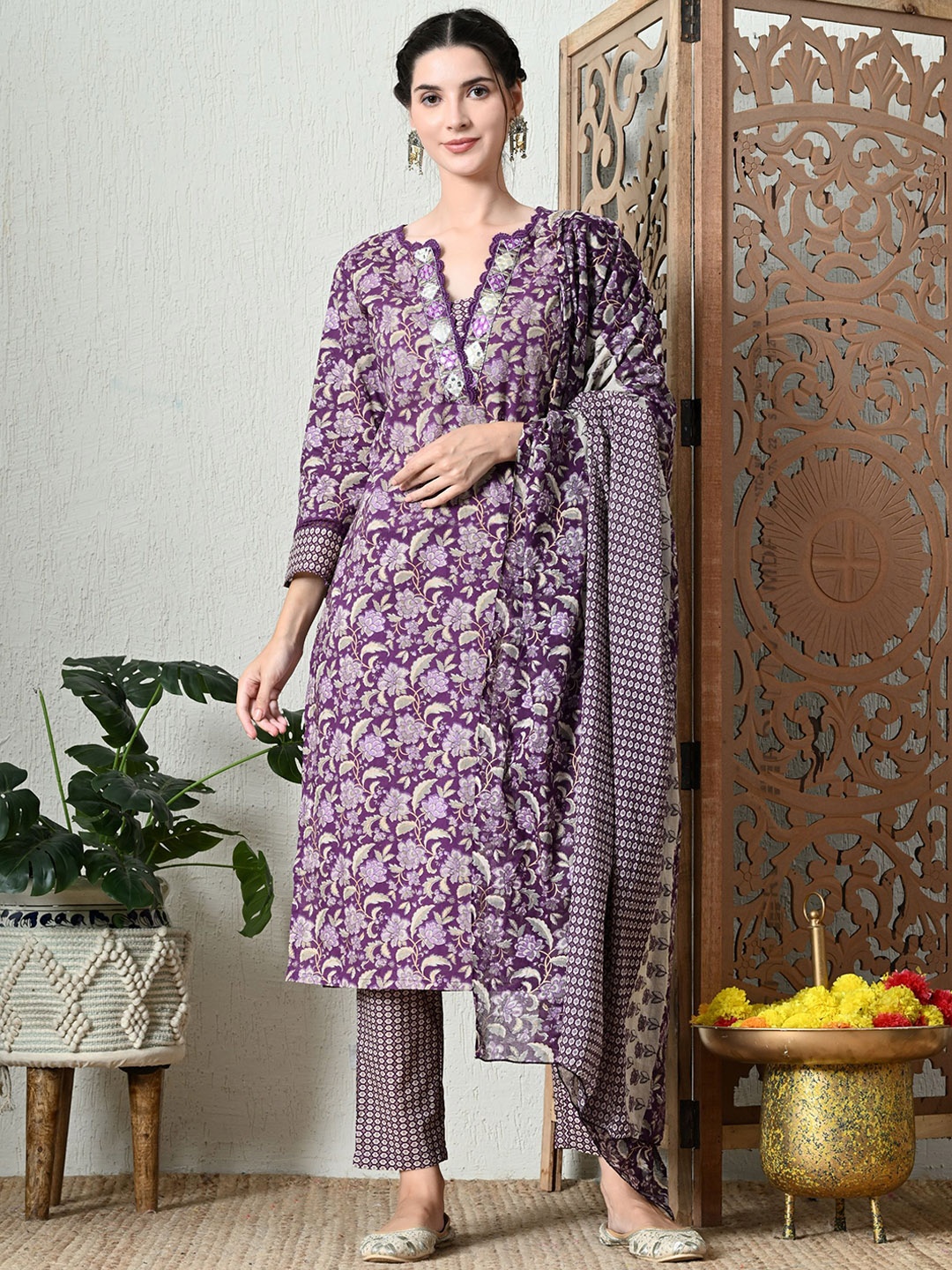 KALINI Floral Printed Pure Cotton Straight Kurta With Trousers & Dupatta, Purple
KALINI Floral Printed Pure Cotton Straight Kurta With Trousers & Dupatta, Purple