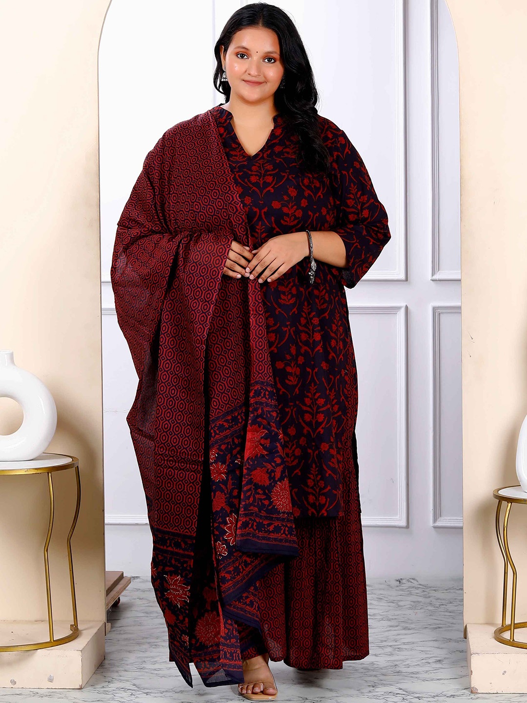 MIRAVAN Floral Printed Mandarin Collar Pure Cotton Straight Kurta With Sharara & Dupatta, Maroon
MIRAVAN Floral Printed Mandarin Collar Pure Cotton Straight Kurta With Sharara & Dupatta, Maroon