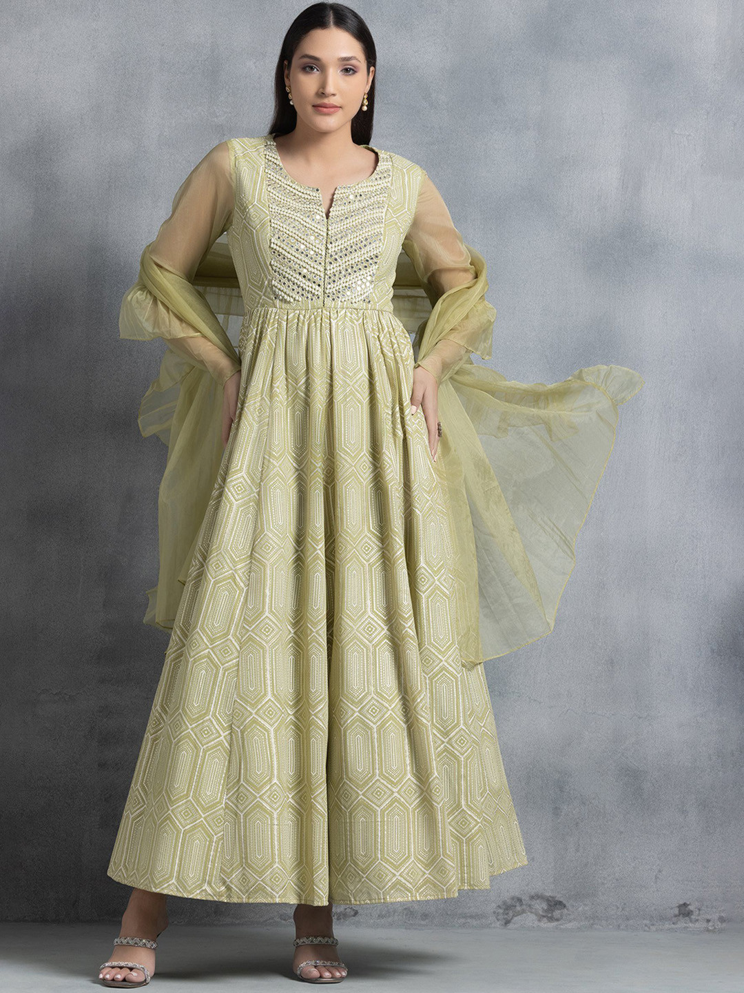 Indya Luxe Printed Embroidered Georgette Fit & Flare Maxi Ethnic Dress with Dupatta, Green 
Indya Luxe Printed Embroidered Georgette Fit & Flare Maxi Ethnic Dress with Dupatta, Green