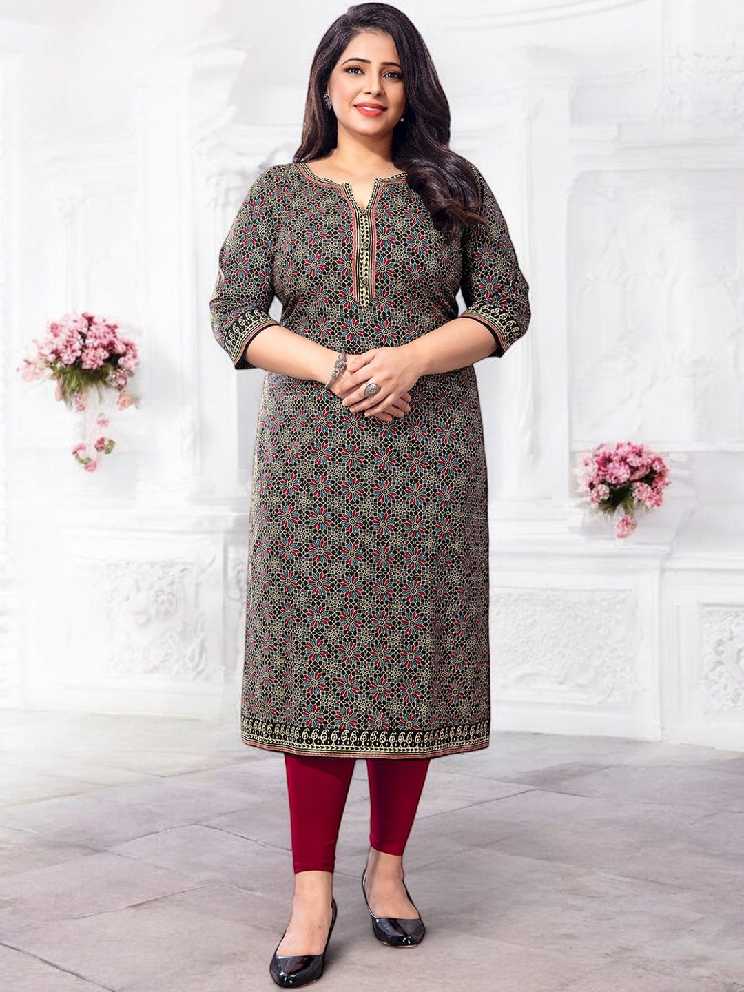 Jevi Prints Floral Printed Round Neck Three-Quarter Sleeves Cotton Straight Kurta, Black
Jevi Prints Floral Printed Round Neck Three-Quarter Sleeves Cotton Straight Kurta, Black