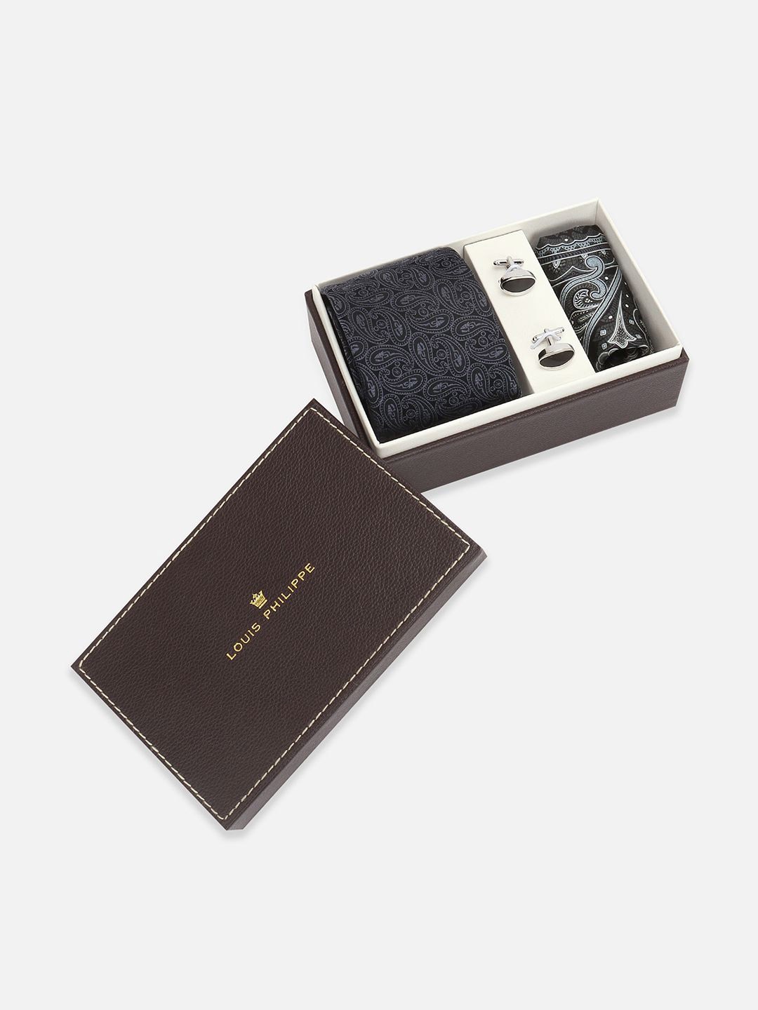 Louis Philippe Men Accessory Gift Set of Tie Pocket Square And Cufflink, Black
Louis Philippe Men Accessory Gift Set of Tie Pocket Square And Cufflink, Black