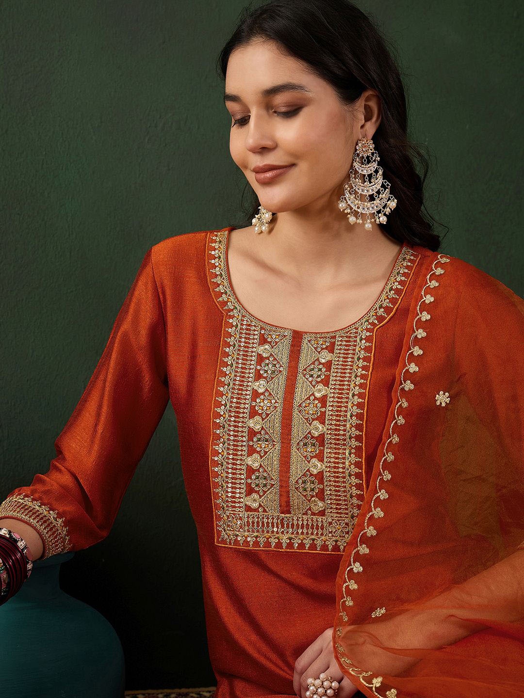 Sangria Floral Embroidered Round Neck Sequinned Straight Kurta With Palazzo & Dupatta, Orange
Sangria Floral Embroidered Round Neck Sequinned Straight Kurta With Palazzo & Dupatta, Orange