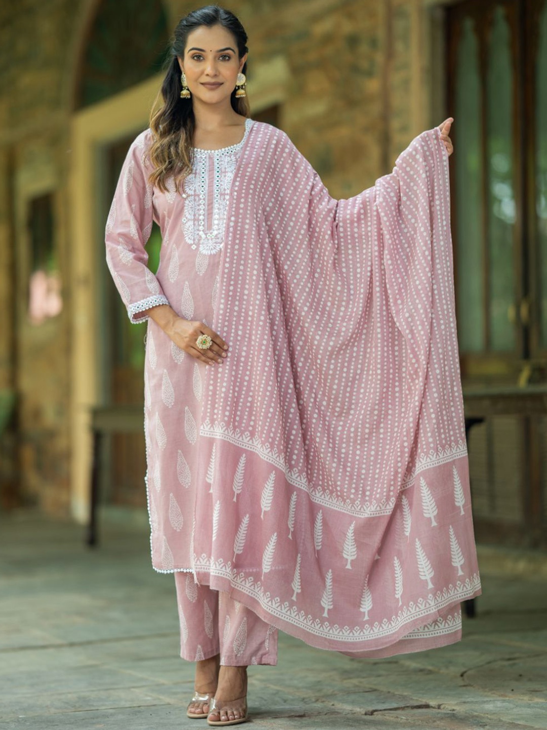 Kiana Ethnic Motifs Embroidered Mirror Work Pure Cotton Straight Kurta & Trouser & Dupatta, Peach
Kiana Ethnic Motifs Embroidered Mirror Work Pure Cotton Straight Kurta & Trouser & Dupatta, Peach