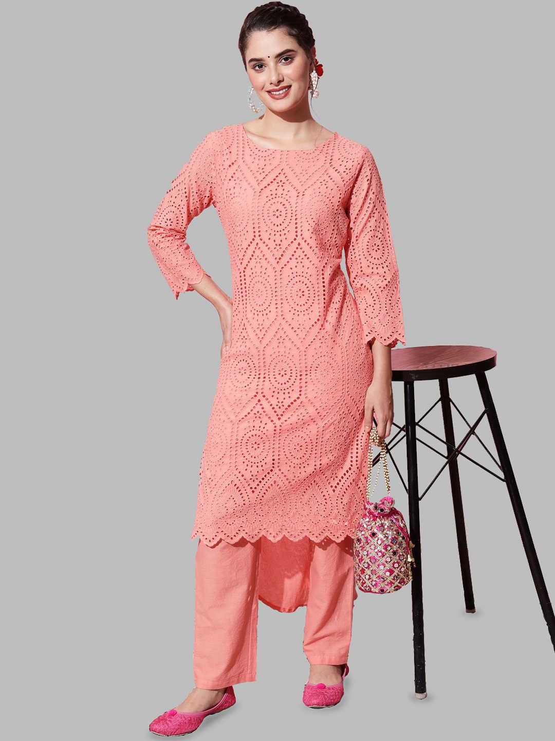 AMIRAS INDIAN ETHNIC WEAR Ethnic Motifs Pure Cotton Straight Kurta With Trousers, Peach
AMIRAS INDIAN ETHNIC WEAR Ethnic Motifs Pure Cotton Straight Kurta With Trousers, Peach