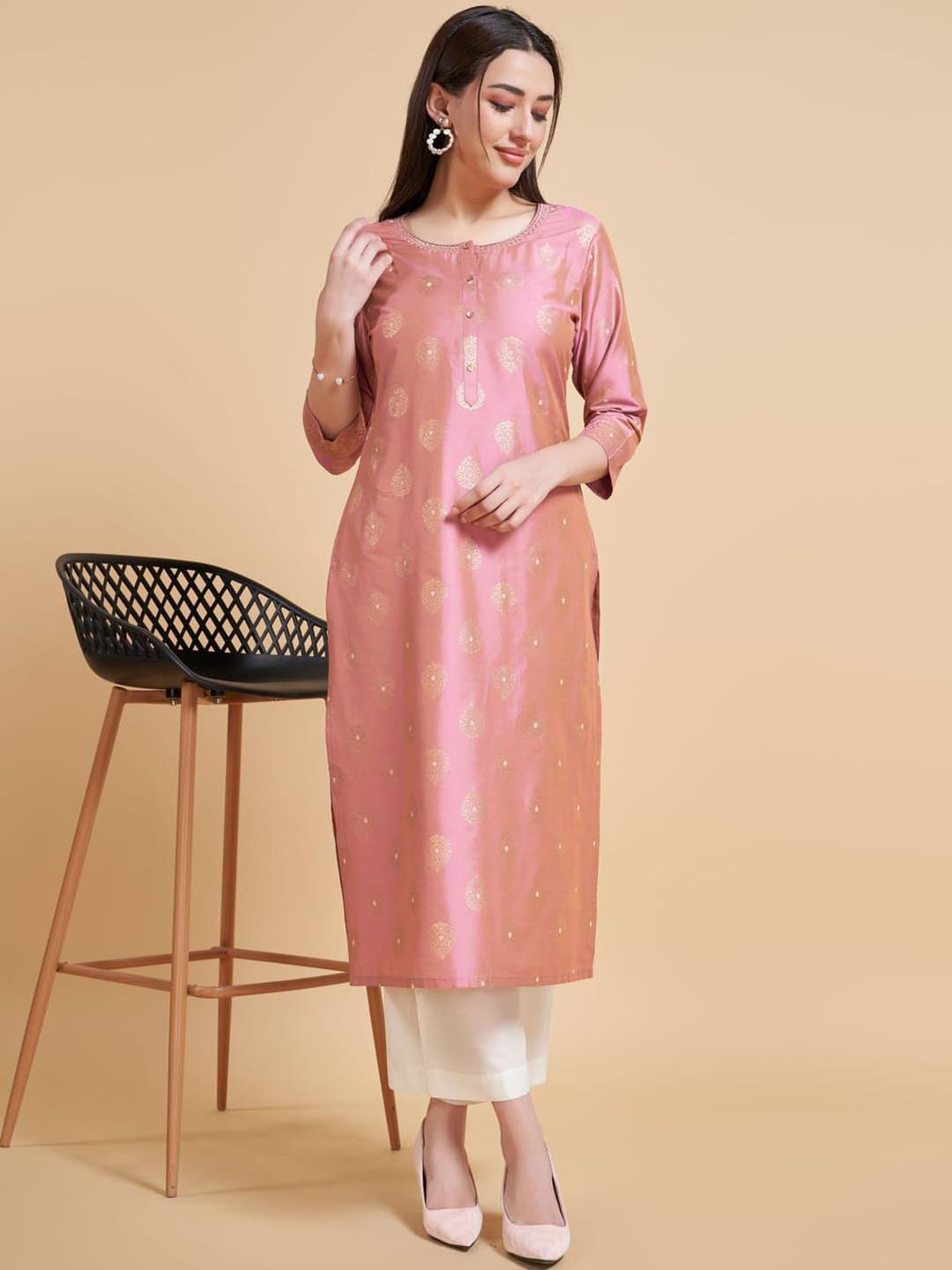 Suha Ethnic Motifs Woven Design Round Neck Three-Quarter Sleeves Straight Kurta, Peach
Suha Ethnic Motifs Woven Design Round Neck Three-Quarter Sleeves Straight Kurta, Peach