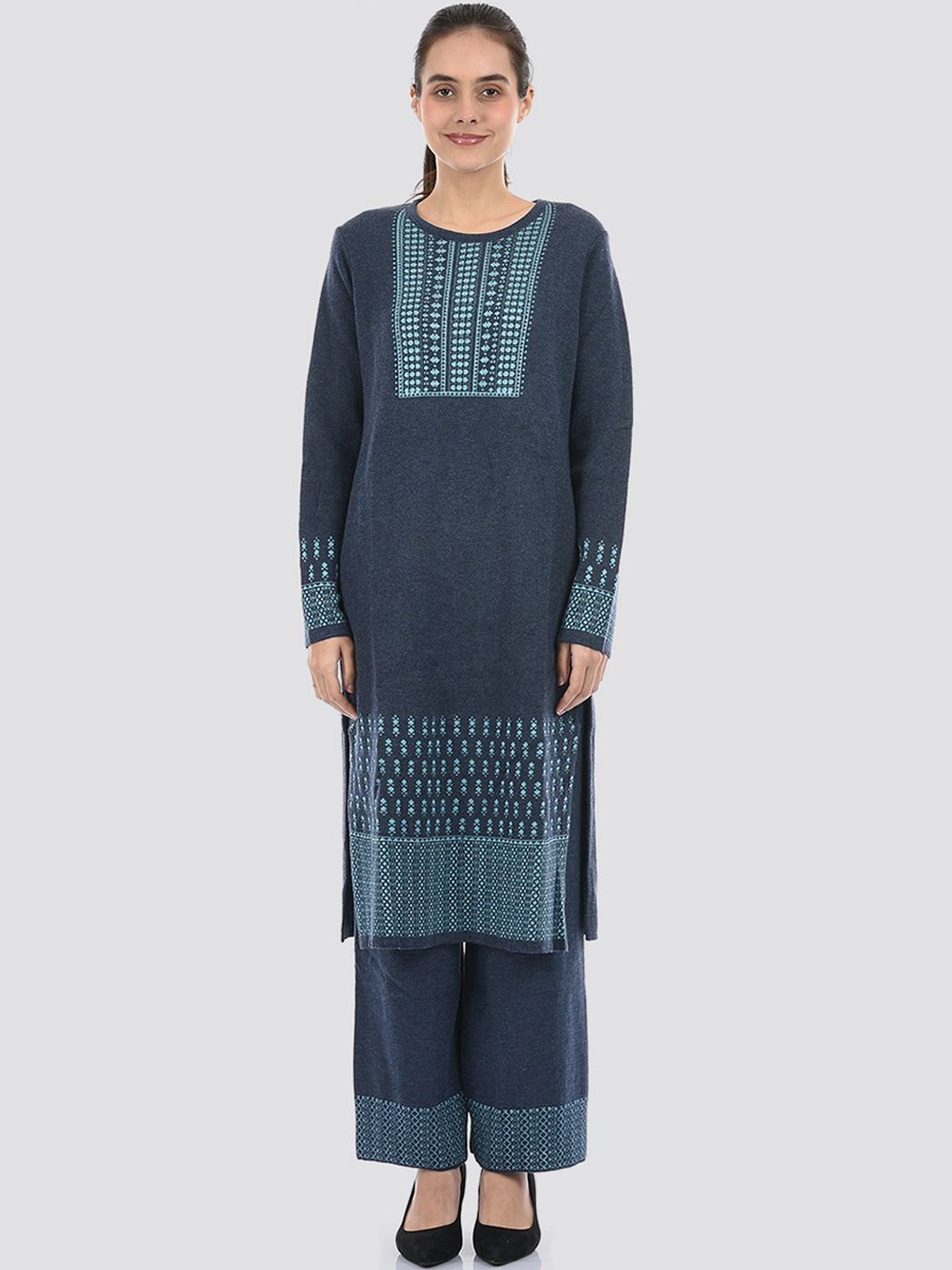 American Eye Ethnic Motifs Woven Design Round Neck Acrylic Straight Kurta with Palazzos, Blue
American Eye Ethnic Motifs Woven Design Round Neck Acrylic Straight Kurta with Palazzos, Blue