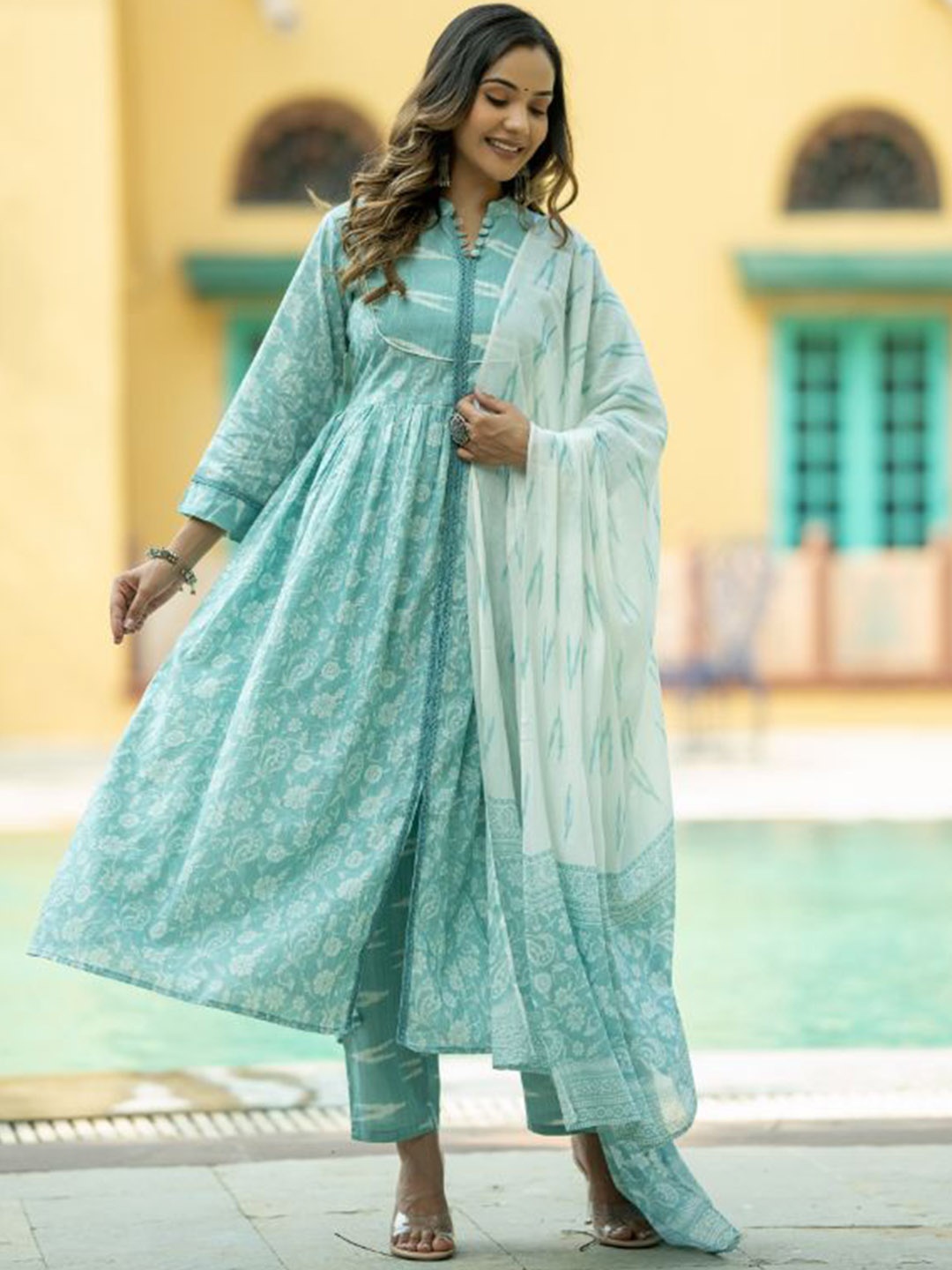 Kiana Ethnic Motifs Printed Pure Cotton Anarkali Kurta With Trousers & Dupatta, Blue
Kiana Ethnic Motifs Printed Pure Cotton Anarkali Kurta With Trousers & Dupatta, Blue