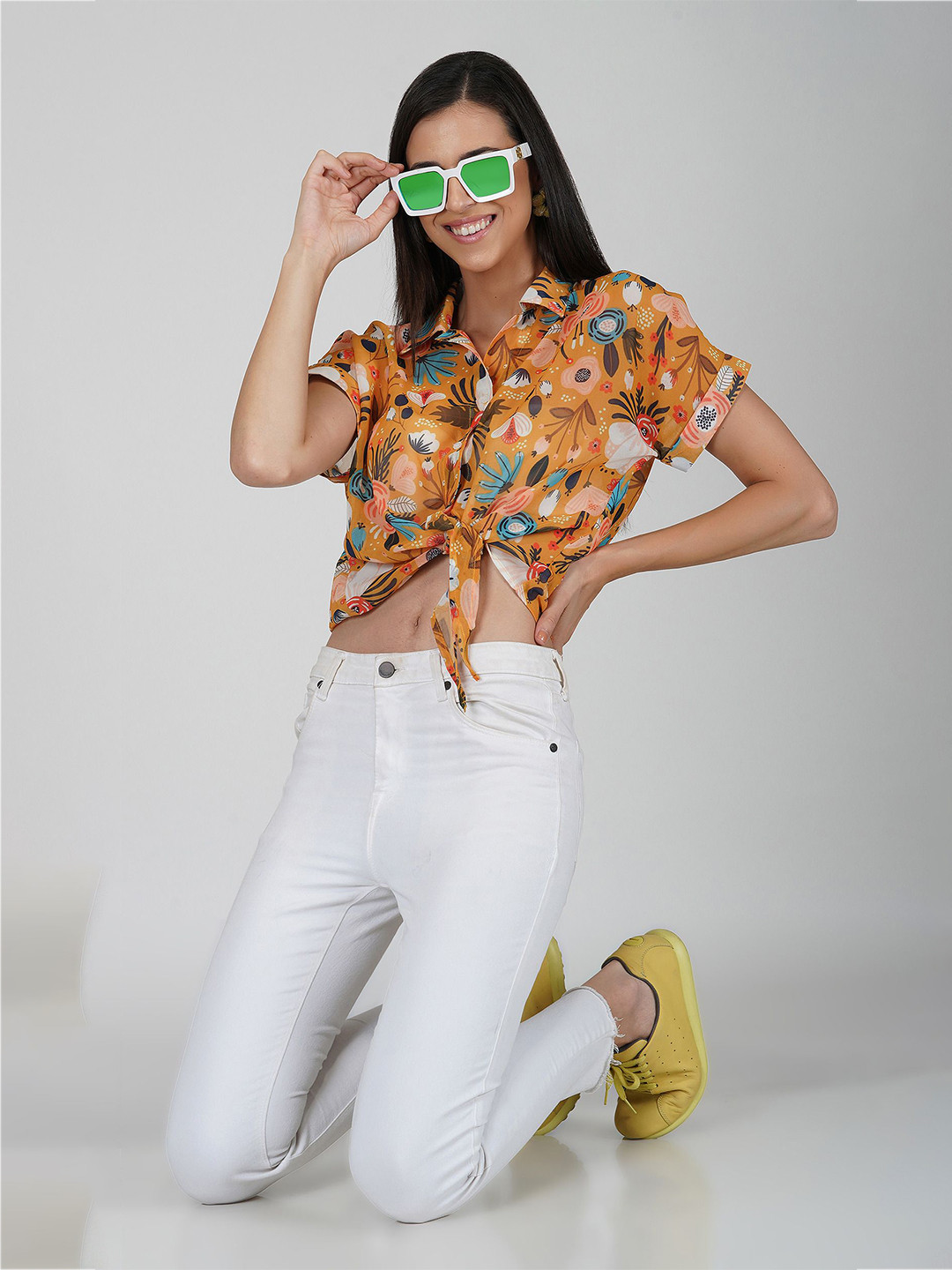 Street22 Women Floral Printed Shirt Collar Top, Yellow 
Street22 Women Floral Printed Shirt Collar Top, Yellow