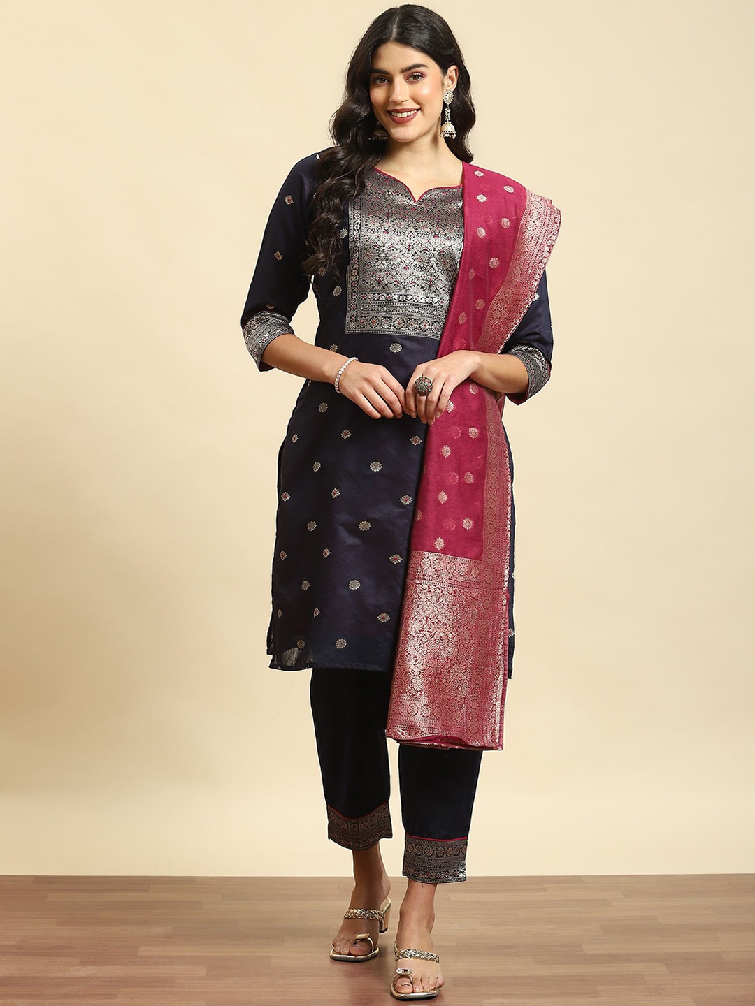 Shree Ethnic Motifs Woven Design Chanderi Silk Straight Kurta With Trousers & Dupatta, Navy blue
Shree Ethnic Motifs Woven Design Chanderi Silk Straight Kurta With Trousers & Dupatta, Navy blue