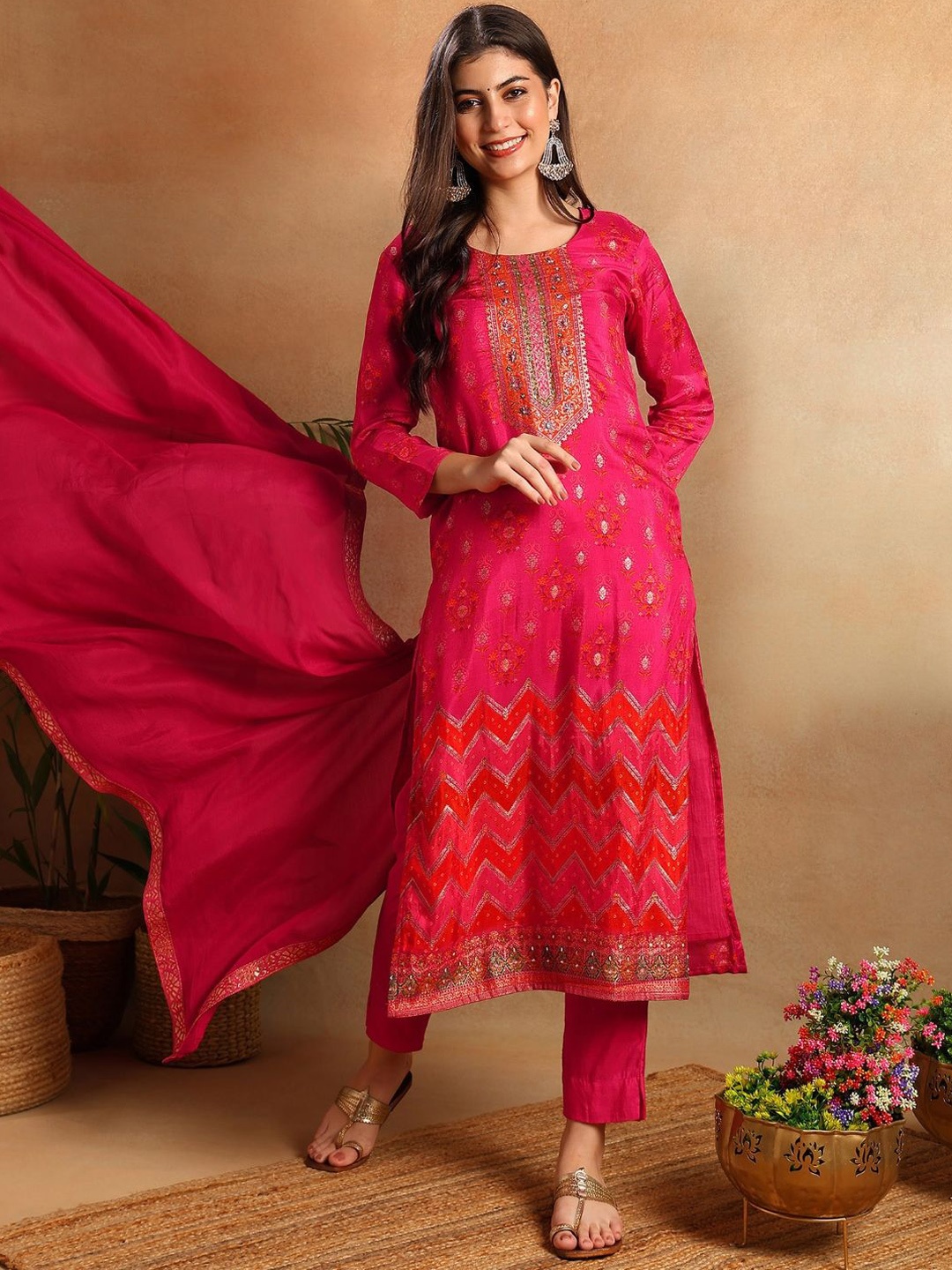 AHIKA Pink Ethnic Motifs Woven Design Round Neck Pure Silk Kurta with Trousers & Dupatta
AHIKA Pink Ethnic Motifs Woven Design Round Neck Pure Silk Kurta with Trousers & Dupatta