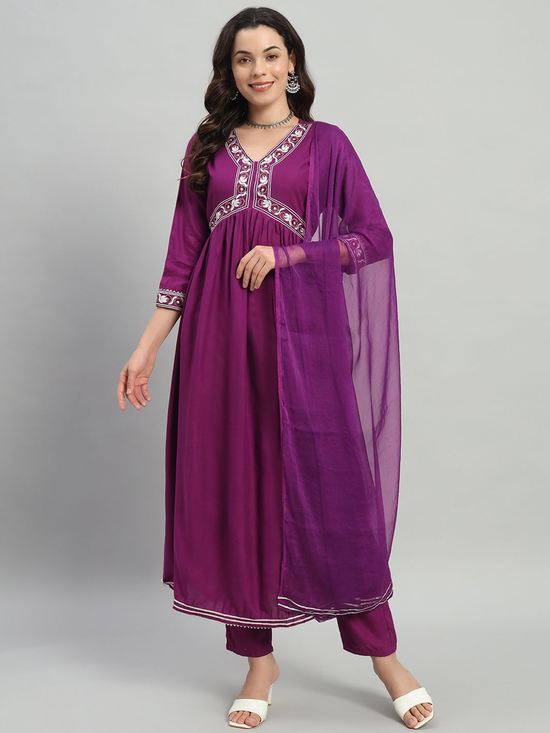 KALINI Floral Embroidered Empire Kurta with Trousers & Dupatta, Purple
KALINI Floral Embroidered Empire Kurta with Trousers & Dupatta, Purple