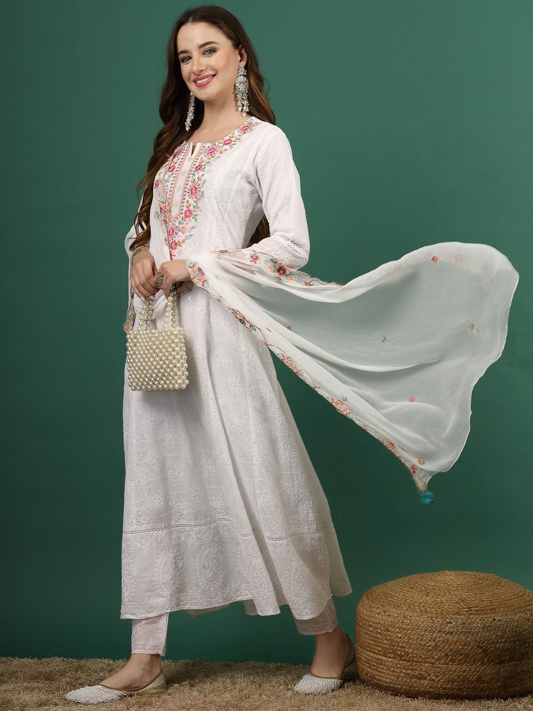 Sangria Embroidered Thread Work Notch Neck Anarkali Kurta With Trousers & Dupatta, White
Sangria Embroidered Thread Work Notch Neck Anarkali Kurta With Trousers & Dupatta, White
