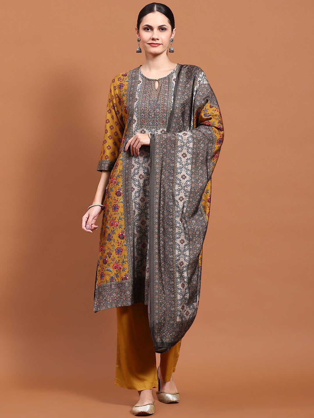 Shree Floral Printed Regular Sequinned Liva Kurta with Trousers & With Dupatta, Mustard
Shree Floral Printed Regular Sequinned Liva Kurta with Trousers & With Dupatta, Mustard