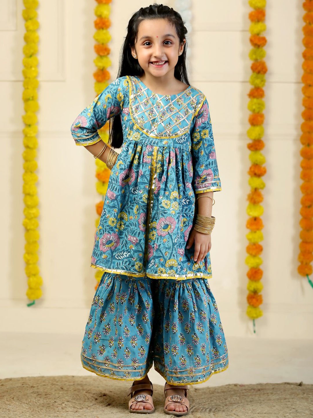 The Mom Store Girls Floral Printed Gotta Patti Pure Cotton Anarkali Kurti With Sharara, Blue
The Mom Store Girls Floral Printed Gotta Patti Pure Cotton Anarkali Kurti With Sharara, Blue