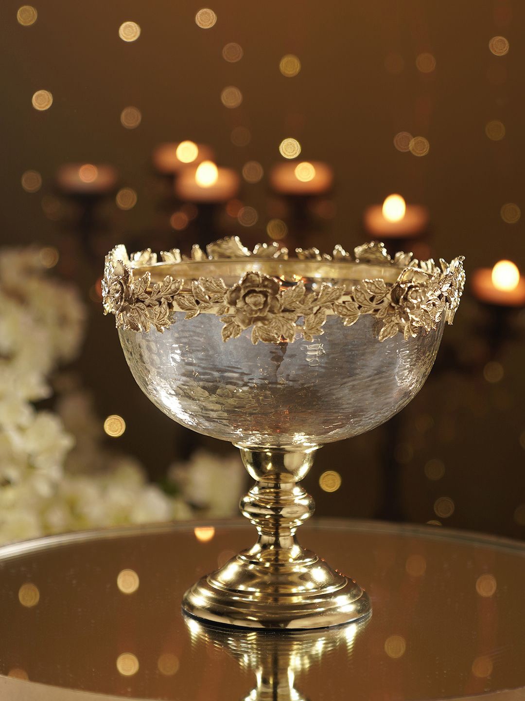 Pure Home and Living Gold-Toned & Transparent Hammered Glass Decorative Bowl With Stand
Pure Home and Living Gold-Toned & Transparent Hammered Glass Decorative Bowl With Stand