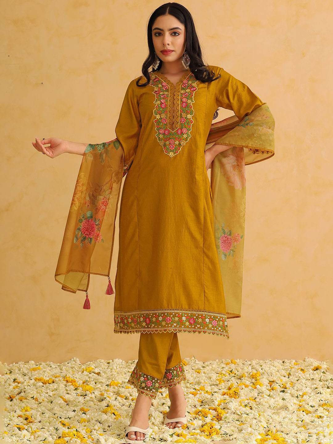 AHIKA Floral Yoke Design Panelled Beads and Stones Straight Kurta with Trousers & Dupatta, Mustard
AHIKA Floral Yoke Design Panelled Beads and Stones Straight Kurta with Trousers & Dupatta, Mustard