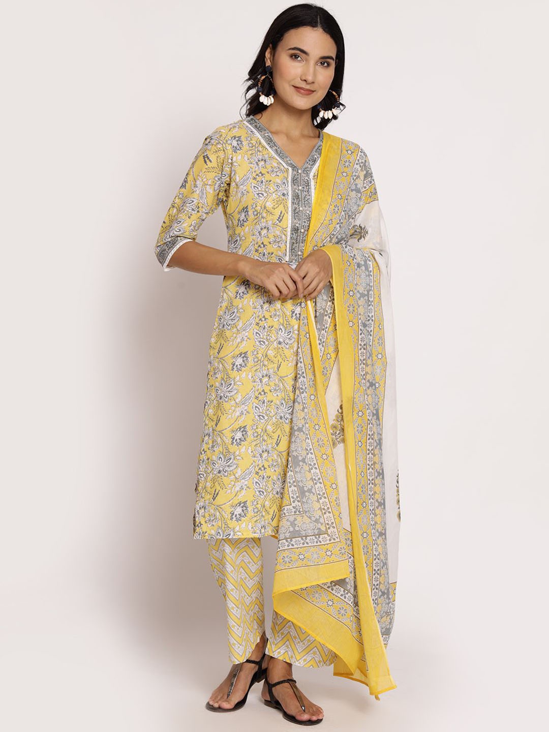 Shree Floral Printed V-Neck Regular Pure Cotton Kurta With Trousers & Dupatta, Yellow
Shree Floral Printed V-Neck Regular Pure Cotton Kurta With Trousers & Dupatta, Yellow