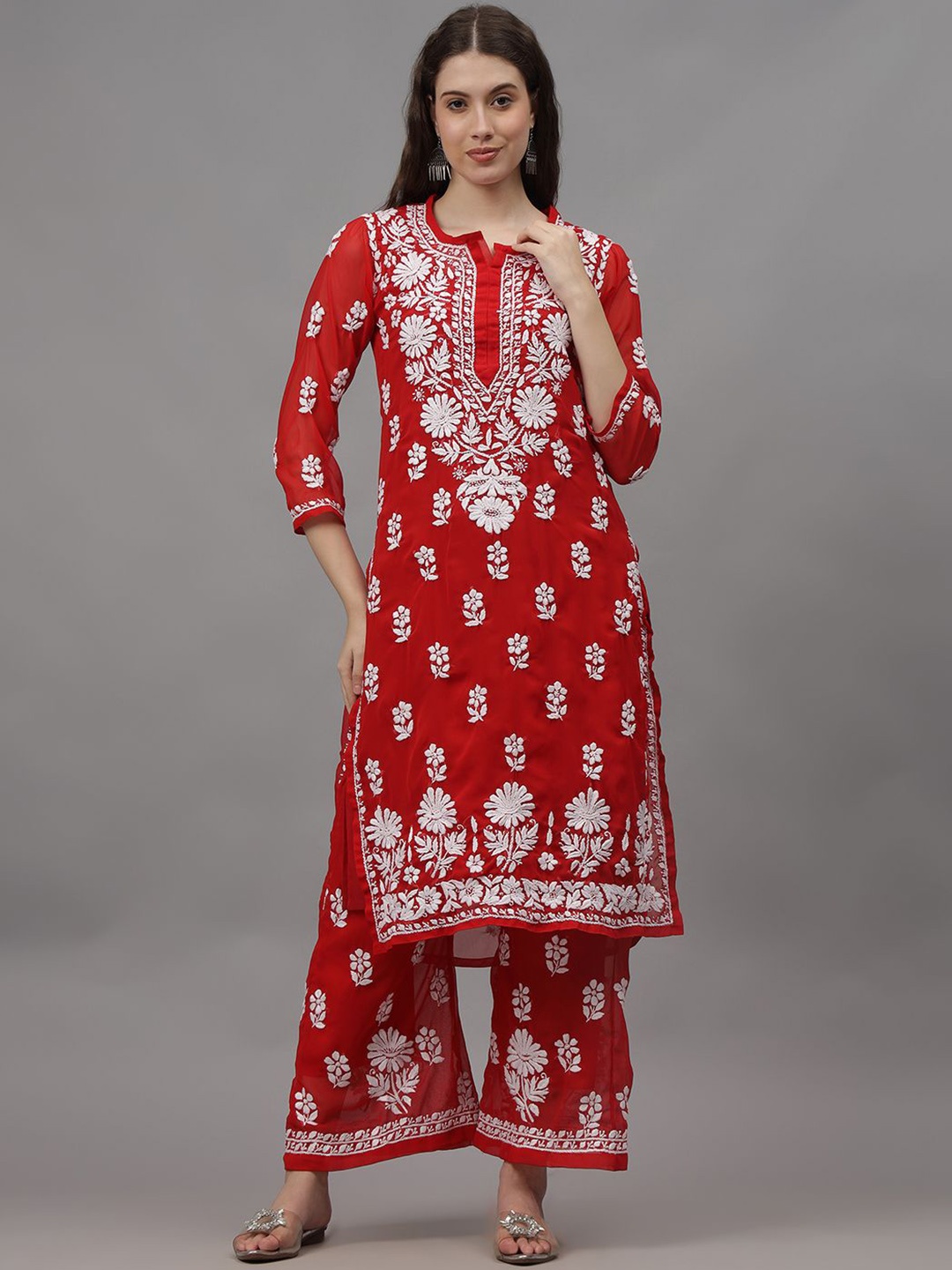 Seva Chikan Ethnic Motifs Embroidered Regular Chikankari Straight Kurta with Palazzos, Red
Seva Chikan Ethnic Motifs Embroidered Regular Chikankari Straight Kurta with Palazzos, Red