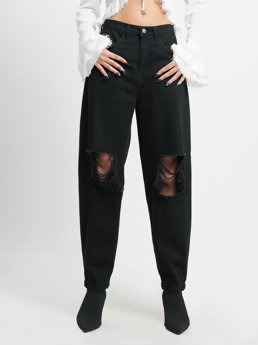 FREAKINS Women Relaxed Fit High-Rise Highly Distressed Stretchable Cotton Jeans, Black
FREAKINS Women Relaxed Fit High-Rise Highly Distressed Stretchable Cotton Jeans, Black