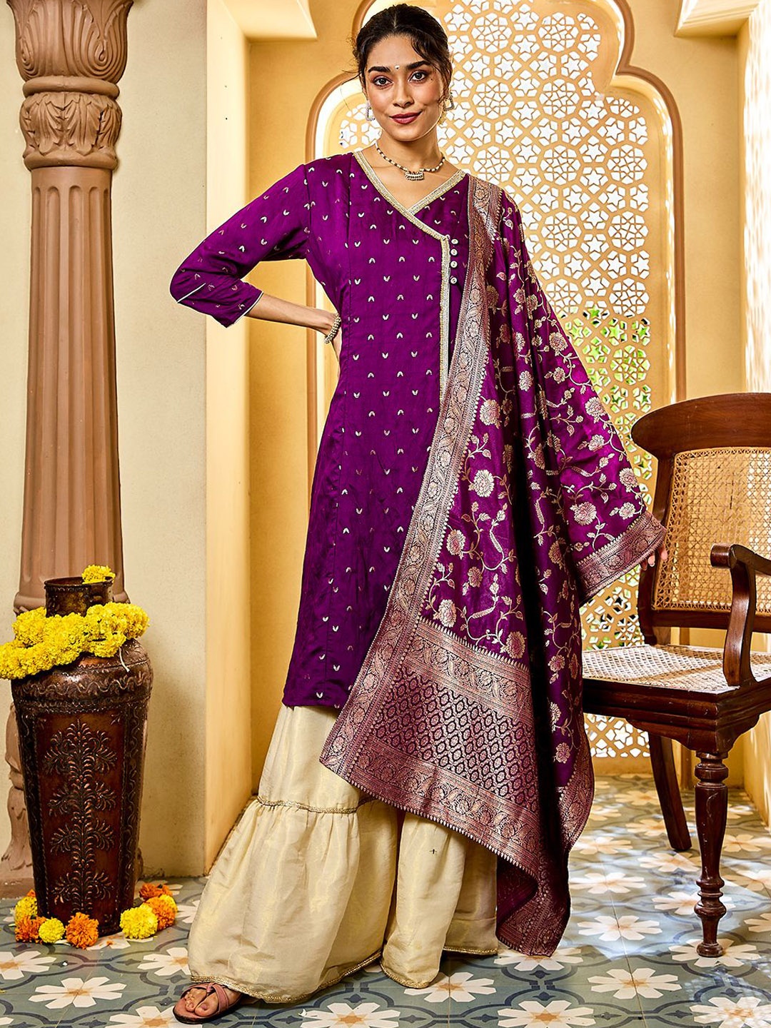 VASTRAMAY Geometric Jacquard Weave Chanderi Silk Angrakha Kurta with Sharara & Dupatta, Purple
VASTRAMAY Geometric Jacquard Weave Chanderi Silk Angrakha Kurta with Sharara & Dupatta, Purple