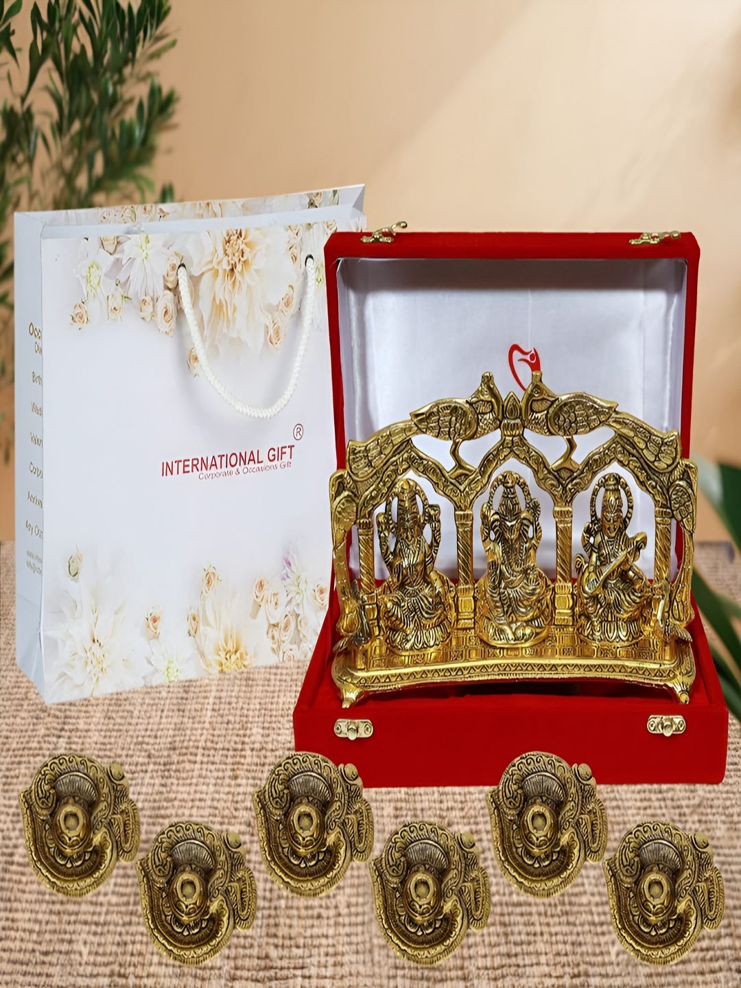 INTERNATIONAL GIFT GoldToned and Red 7 Pcs Laxmi Ganesha Saraswati God Idol With Om Diya, Gold
INTERNATIONAL GIFT GoldToned and Red 7 Pcs Laxmi Ganesha Saraswati God Idol With Om Diya, Gold