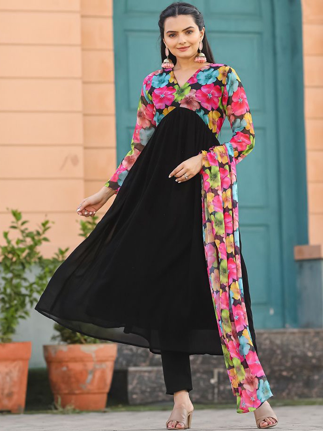 KALINI Floral Printed V-Neck Georgette Anarkali Kurta with Trousers & Dupatta, Black
KALINI Floral Printed V-Neck Georgette Anarkali Kurta with Trousers & Dupatta, Black