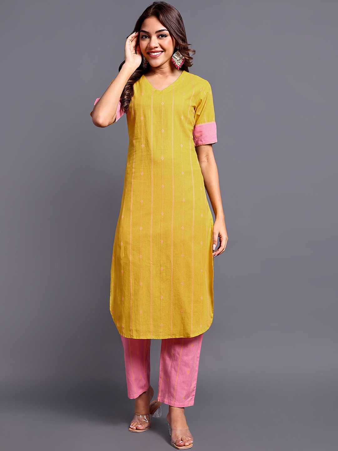 Vastara the Label Woven Design V-Neck Regular Pure Cotton Kurta With Trousers, Yellow
Vastara the Label Woven Design V-Neck Regular Pure Cotton Kurta With Trousers, Yellow