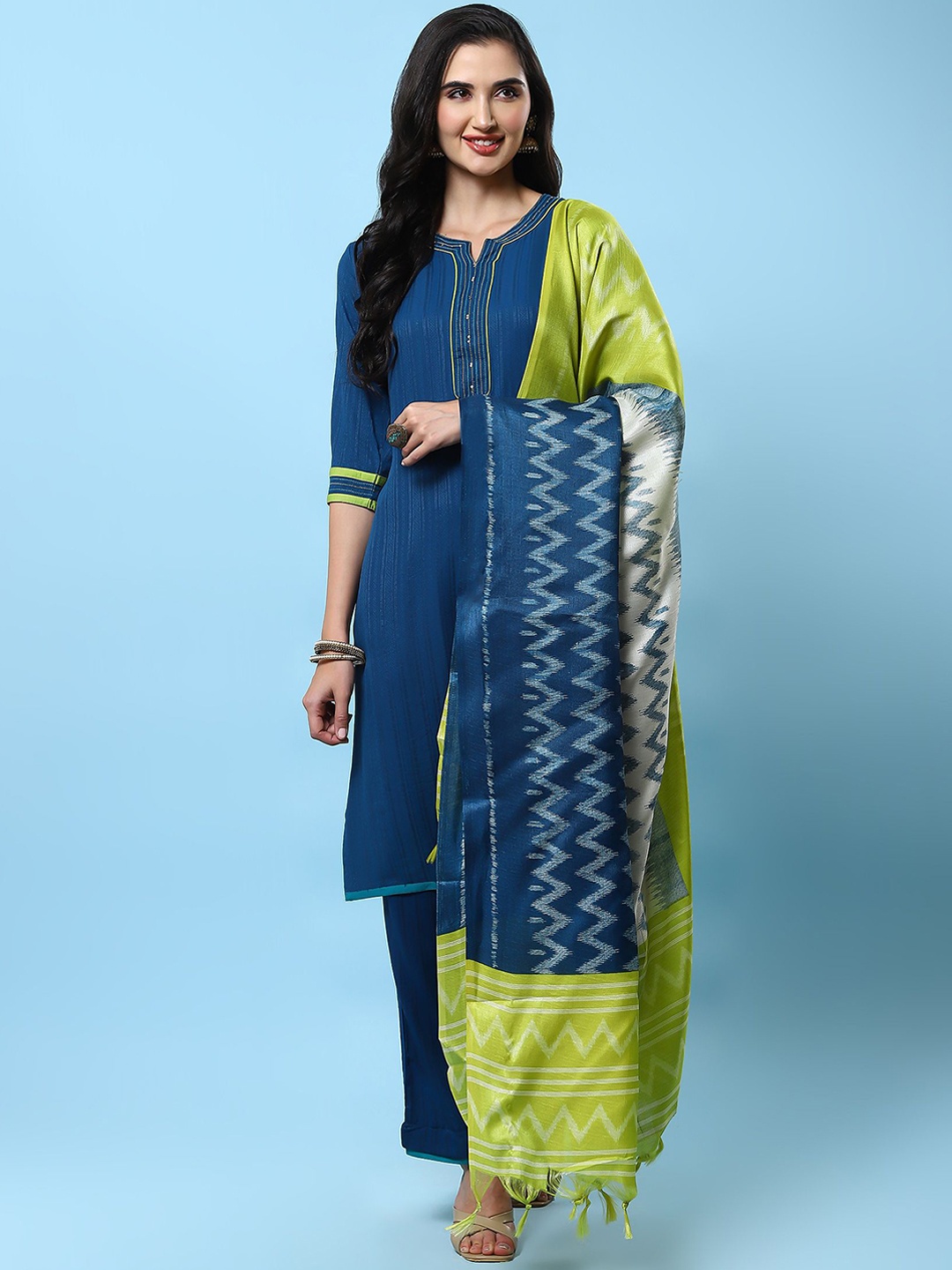 Shree Self Design Regular Sequinned Liva Kurta With Trousers & Dupatta, Navy blue
Shree Self Design Regular Sequinned Liva Kurta With Trousers & Dupatta, Navy blue